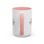 15oz white ceramic Gymnastics mug with pink handle and interior Handle view