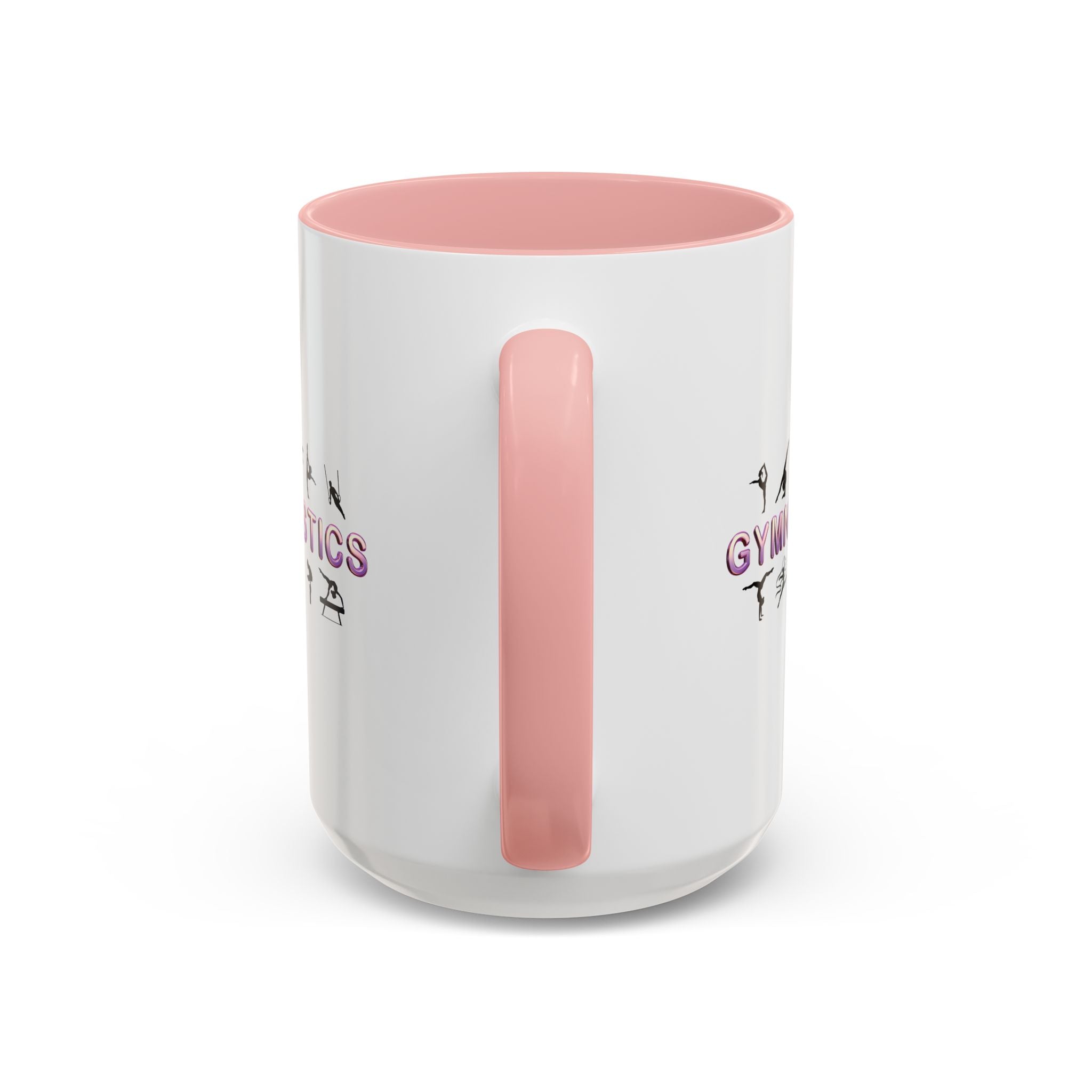 15oz white ceramic Gymnastics mug with pink handle and interior Handle view