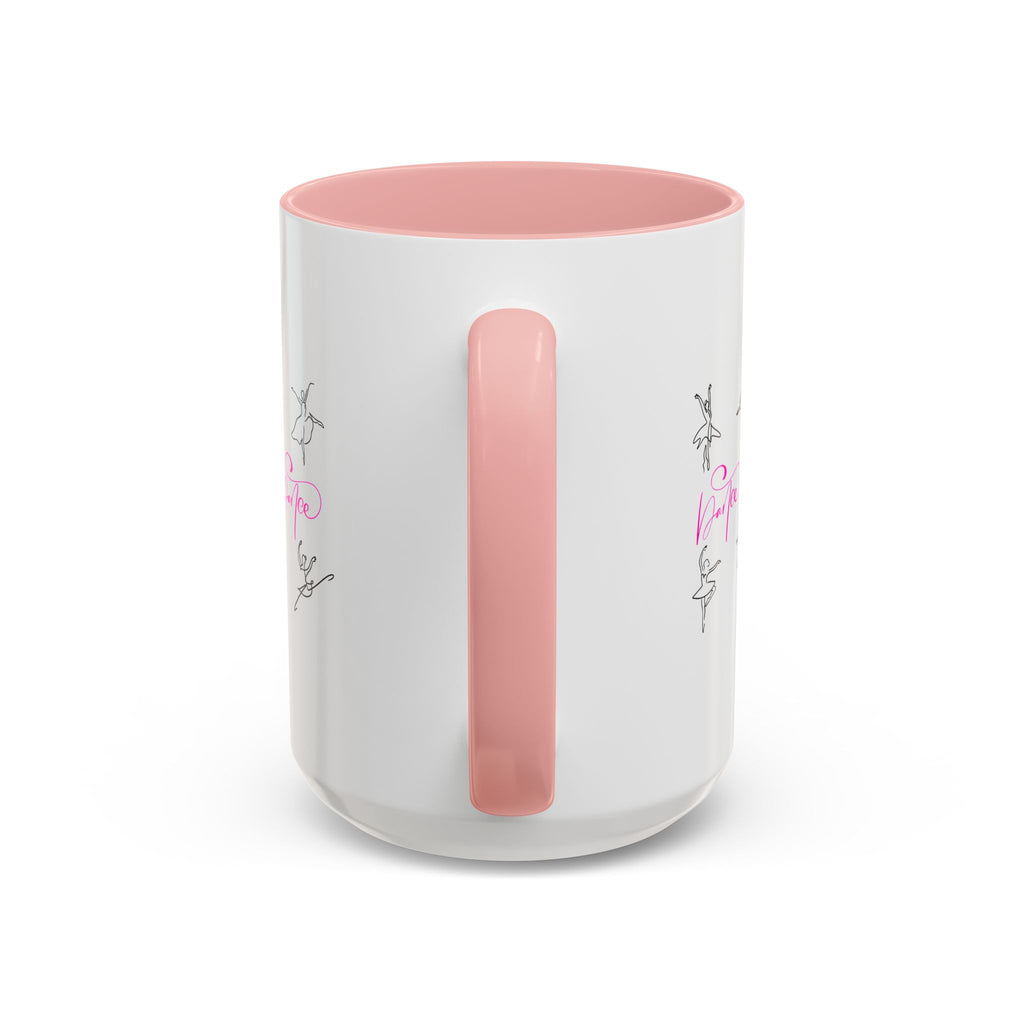 15oz white ceramic Dancer Line Art mug with pink handle and interior Handle view