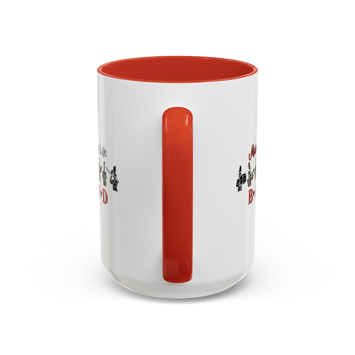 15oz white ceramic Marching Band mug with red handle and interior Handle view