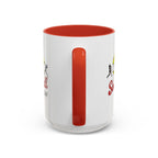15oz white ceramic Softball mug with red handle and interior Handle view