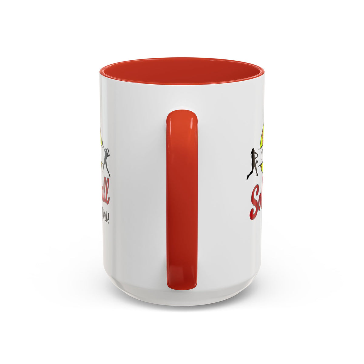 15oz white ceramic Softball mug with red handle and interior Handle view