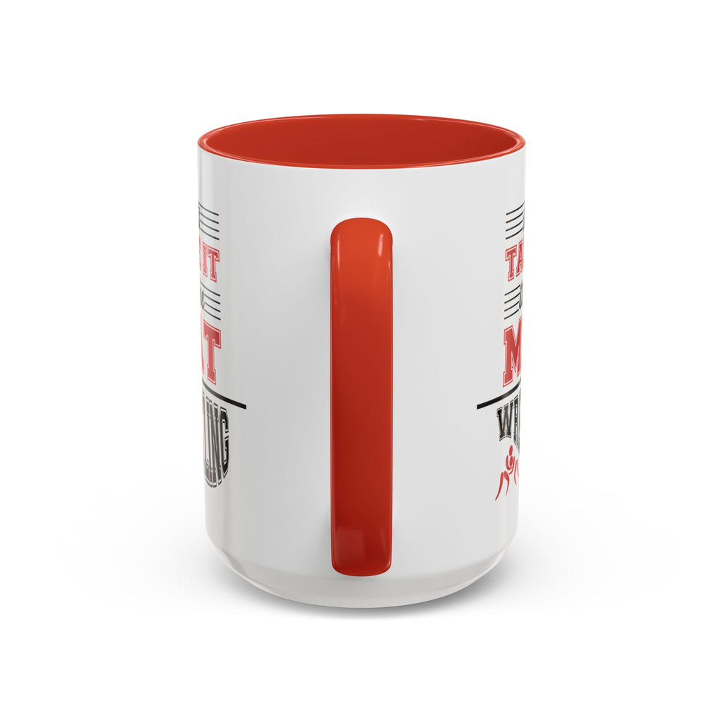 15oz white ceramic Wrestling mug with red handle and interior Handle view
