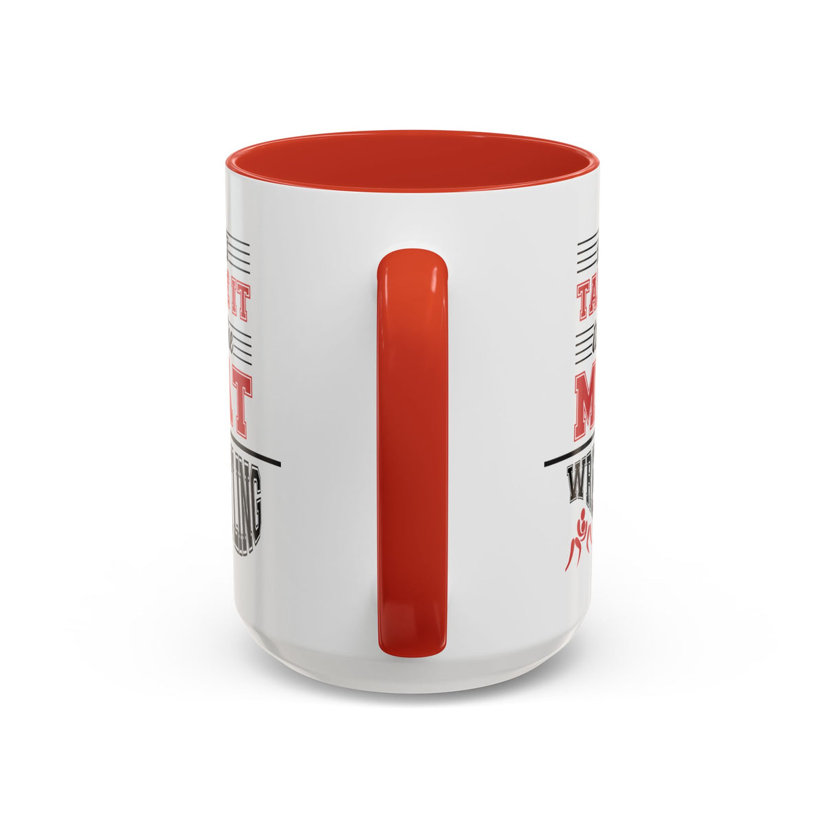 15oz white ceramic Wrestling mug with red handle and interior Handle view