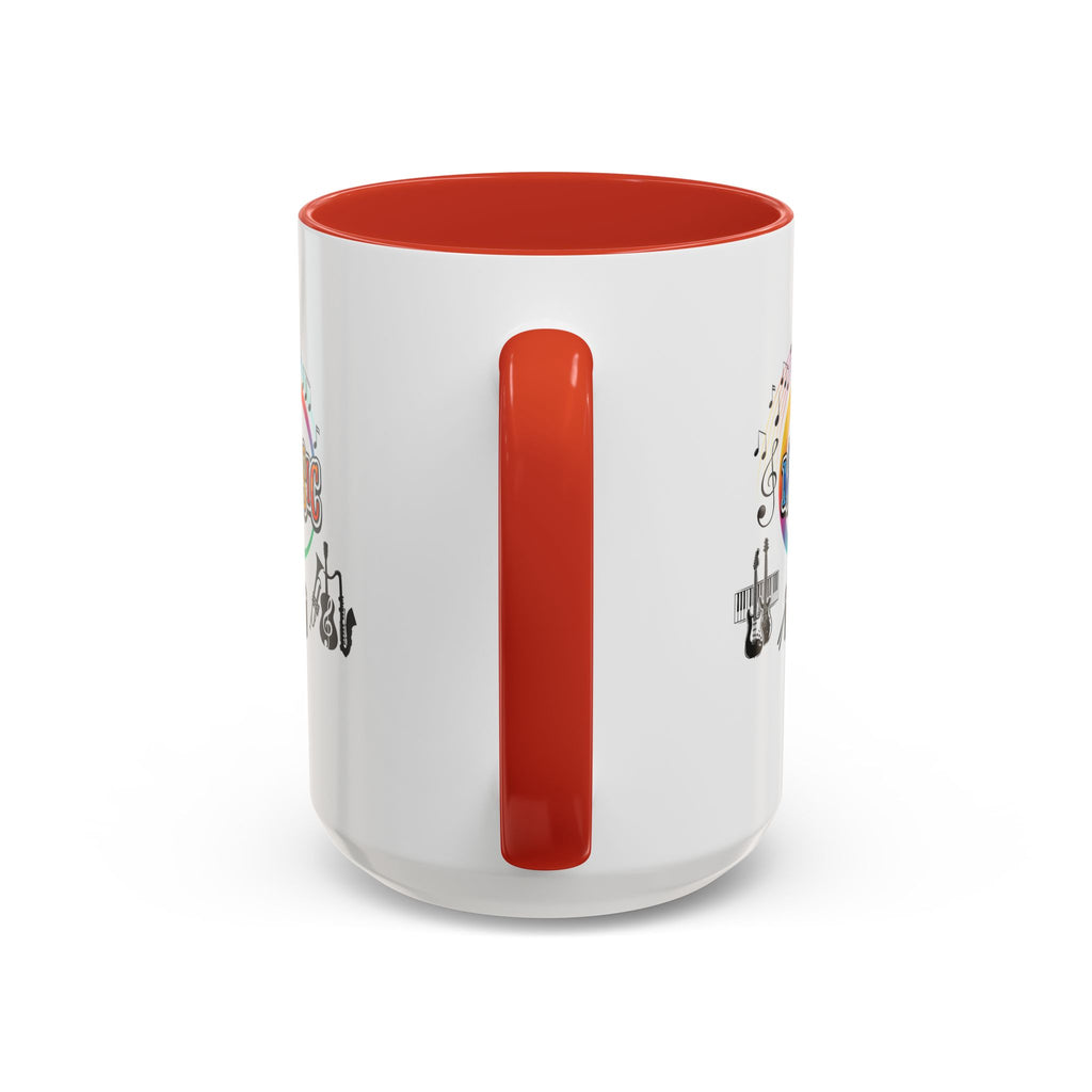 15oz white ceramic Music Instrument mug with red handle and interior Handle view