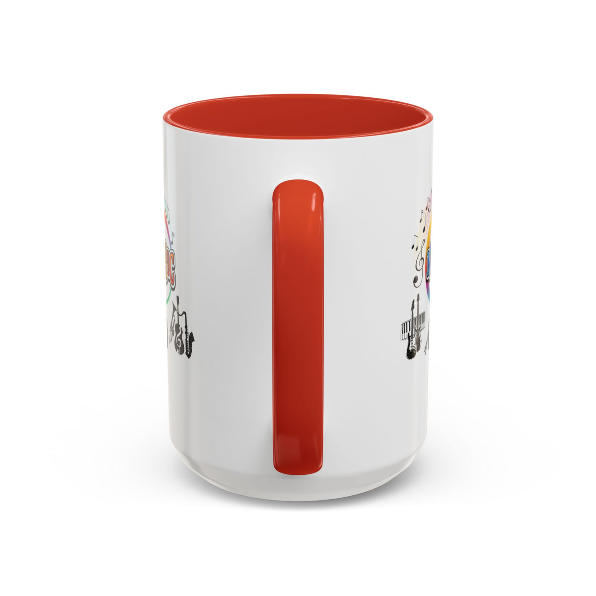 15oz white ceramic Music Instrument mug with red handle and interior Handle view