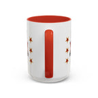 15oz white ceramic Theatre Showtime mug with red handle and interior Handle view
