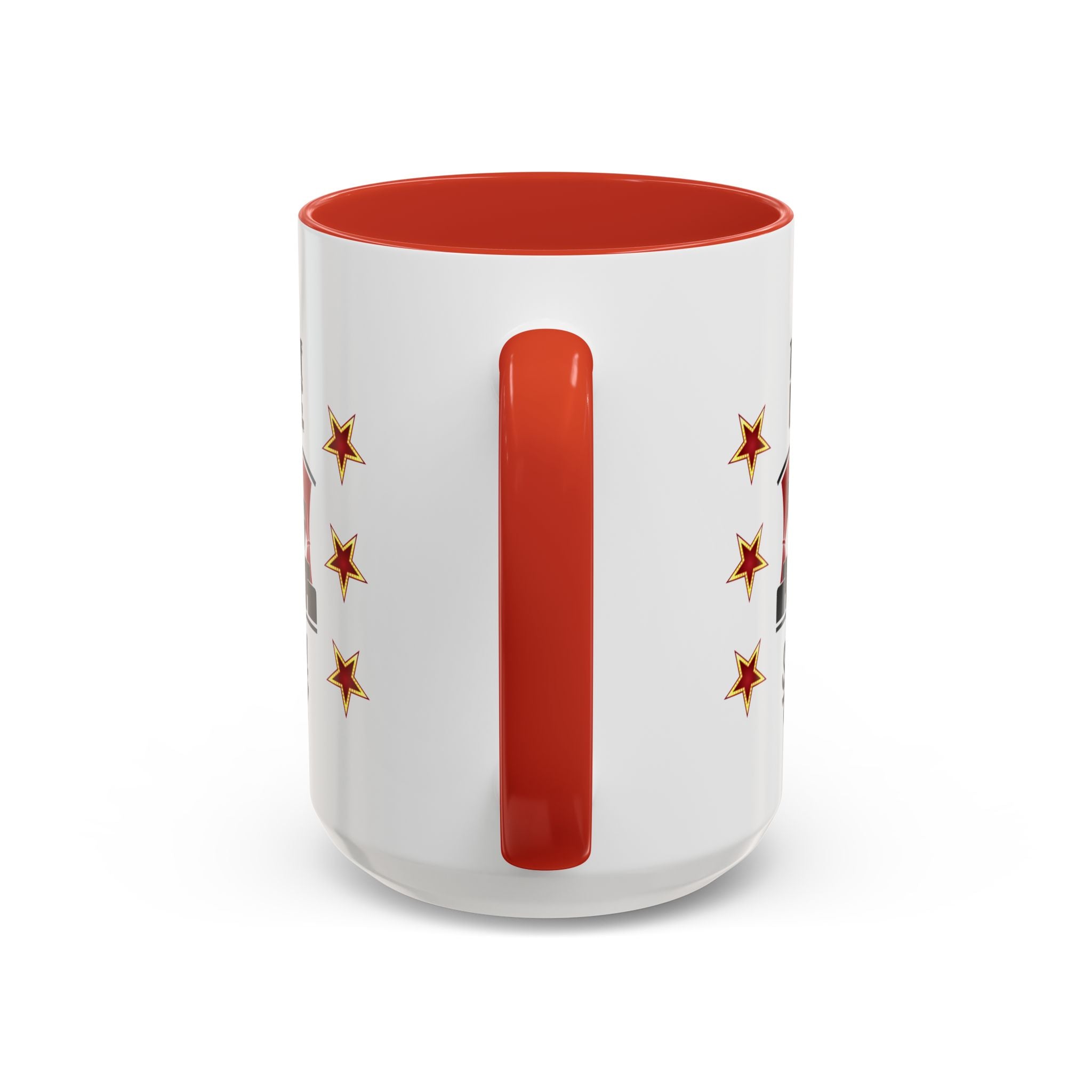 15oz white ceramic Theatre Showtime mug with red handle and interior Handle view