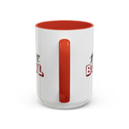 15oz white ceramic Bowling mug with red handle and interior Handle view