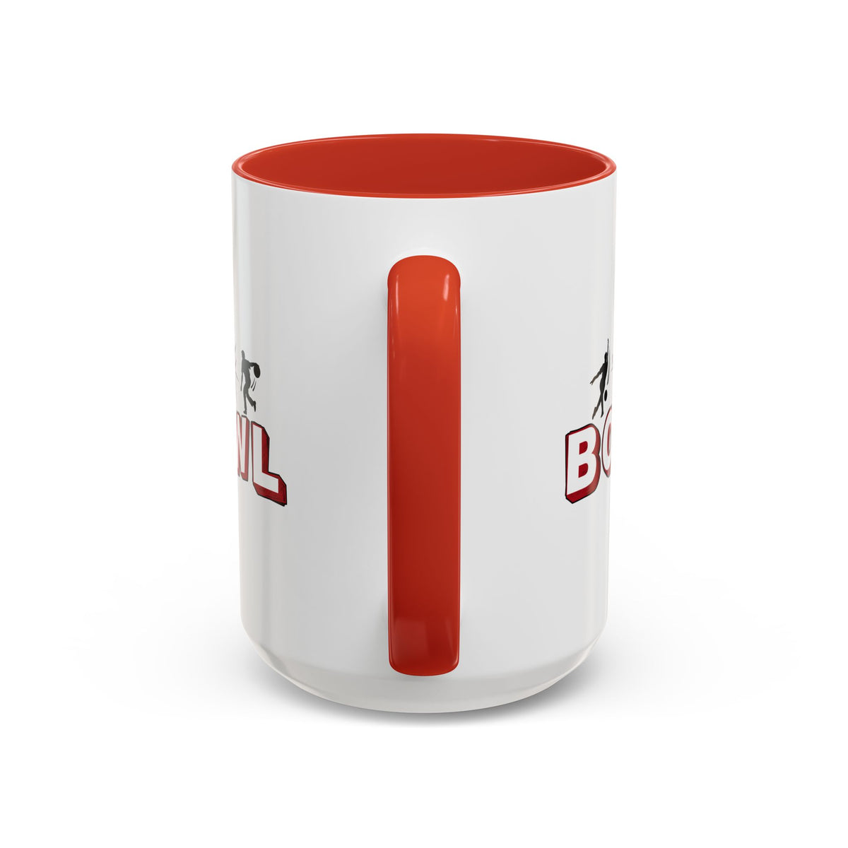 15oz white ceramic Bowling mug with red handle and interior Handle view