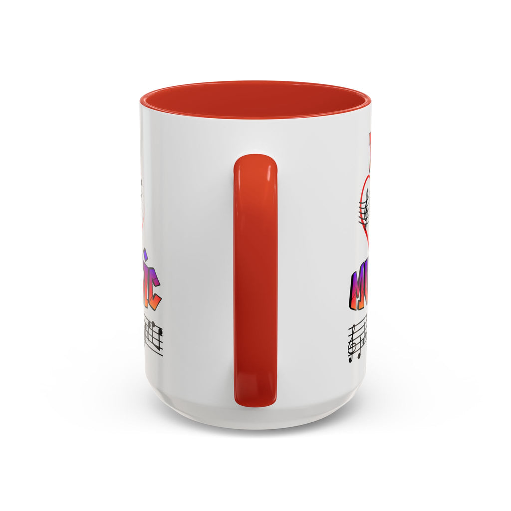 15oz white ceramic I Love Music mug with red handle and interior Handle view