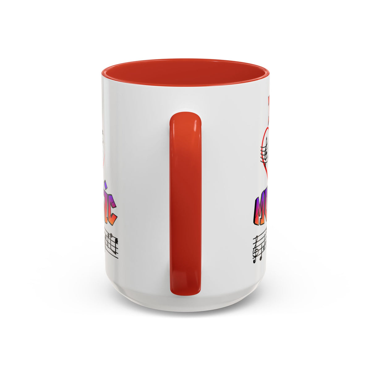 15oz white ceramic I Love Music mug with red handle and interior Handle view