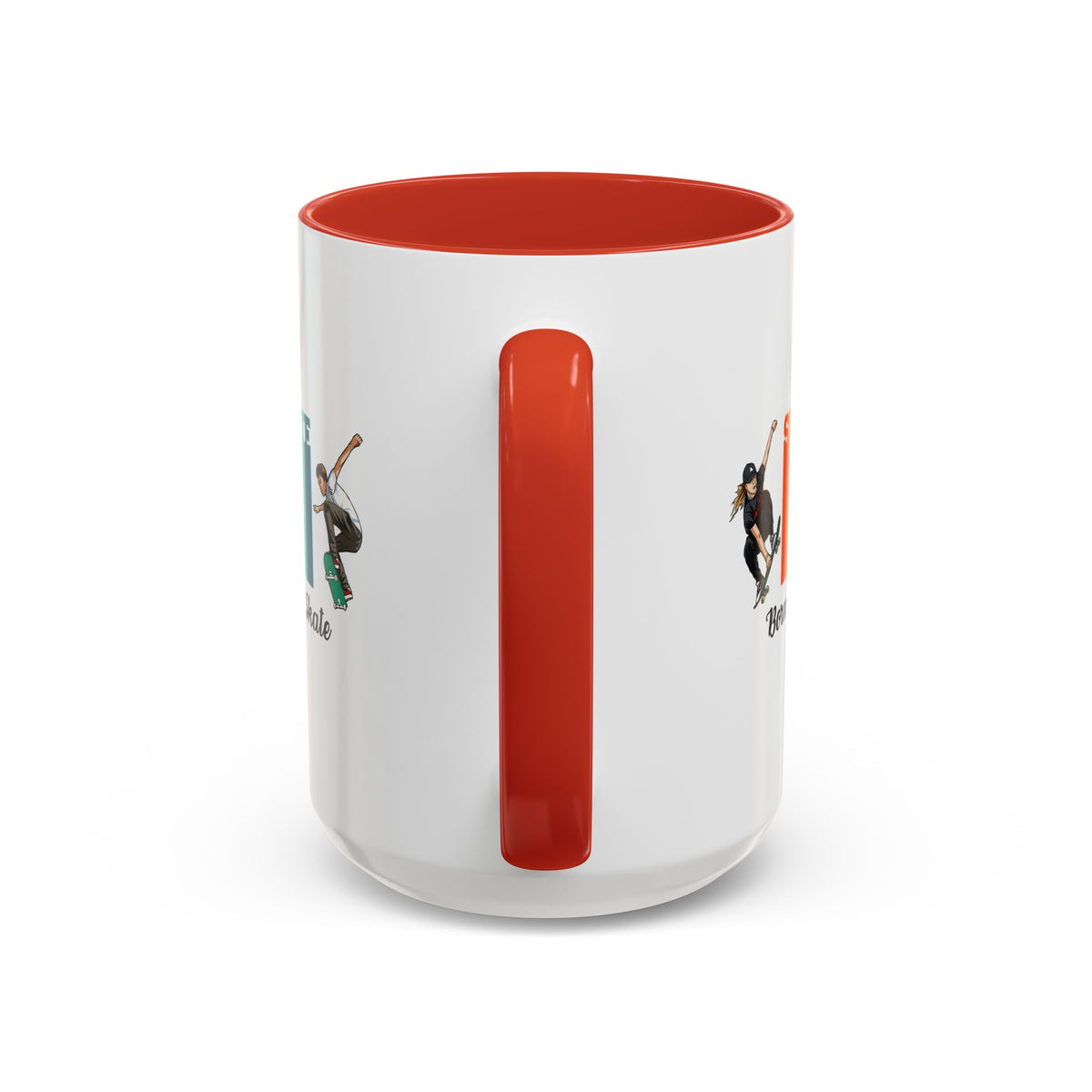15oz white ceramic Born to Skate Skateboarding mug with red handle and interior Handle view