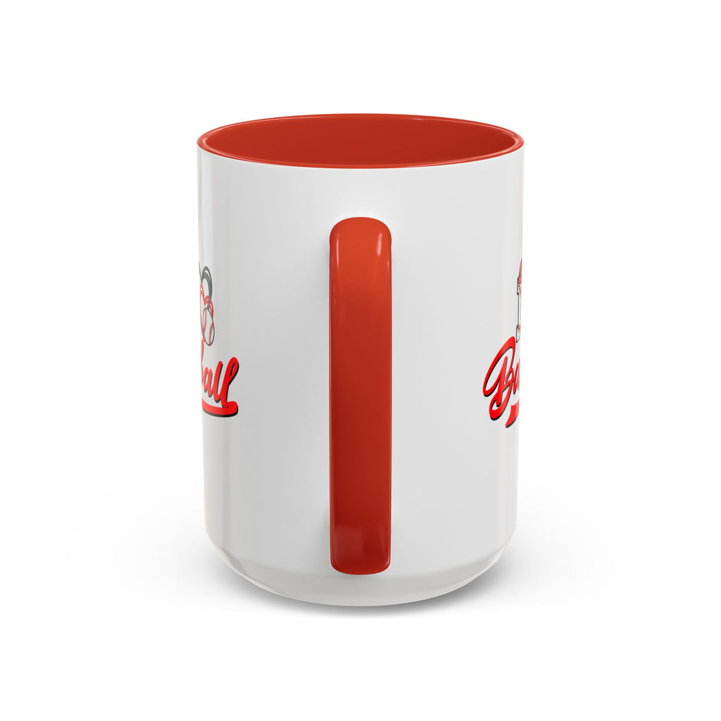 15oz white ceramic I Love Baseball mug with red handle and interior Handle view