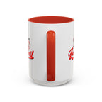 15oz white ceramic I Love Baseball mug with red handle and interior Handle view