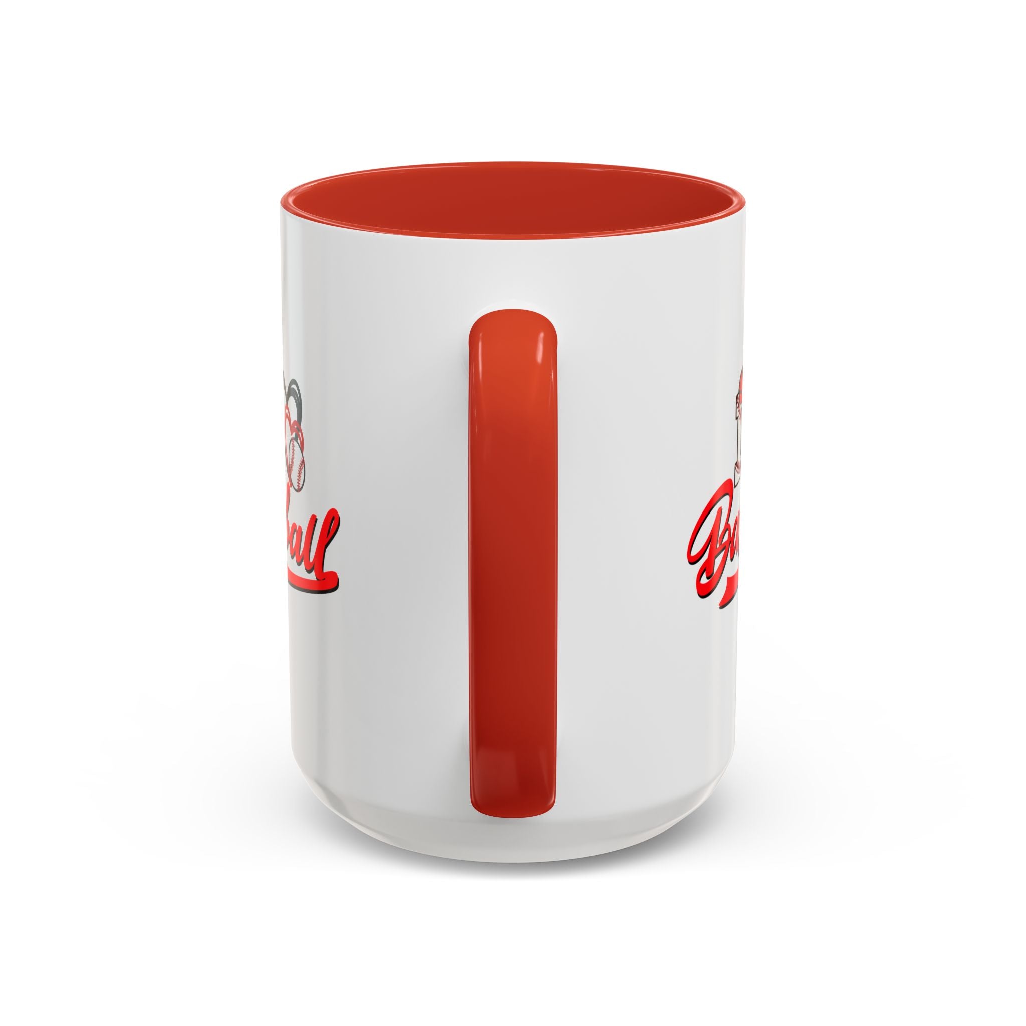 15oz white ceramic I Love Baseball mug with red handle and interior Handle view