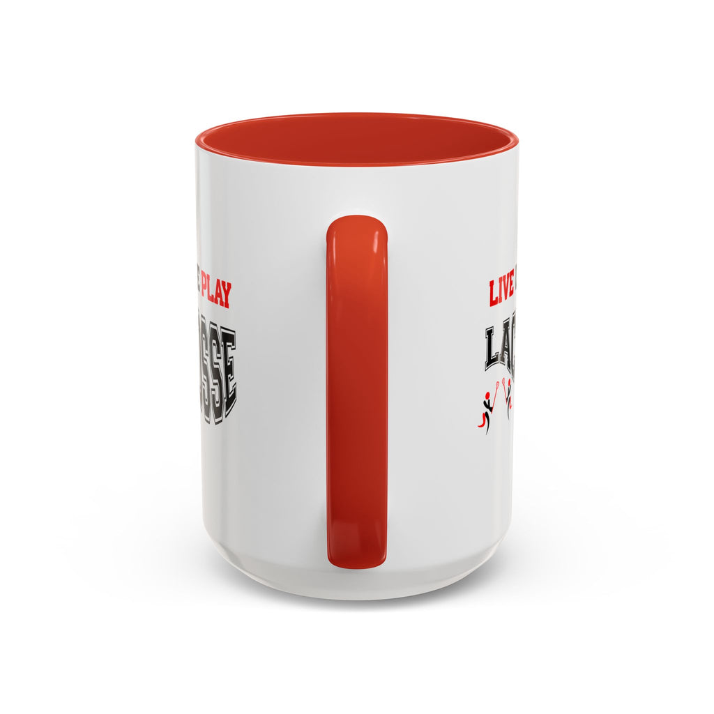 15oz white ceramic Lacrosse mug with red handle and interior Handle view