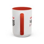 15oz white ceramic Lacrosse mug with red handle and interior Handle view