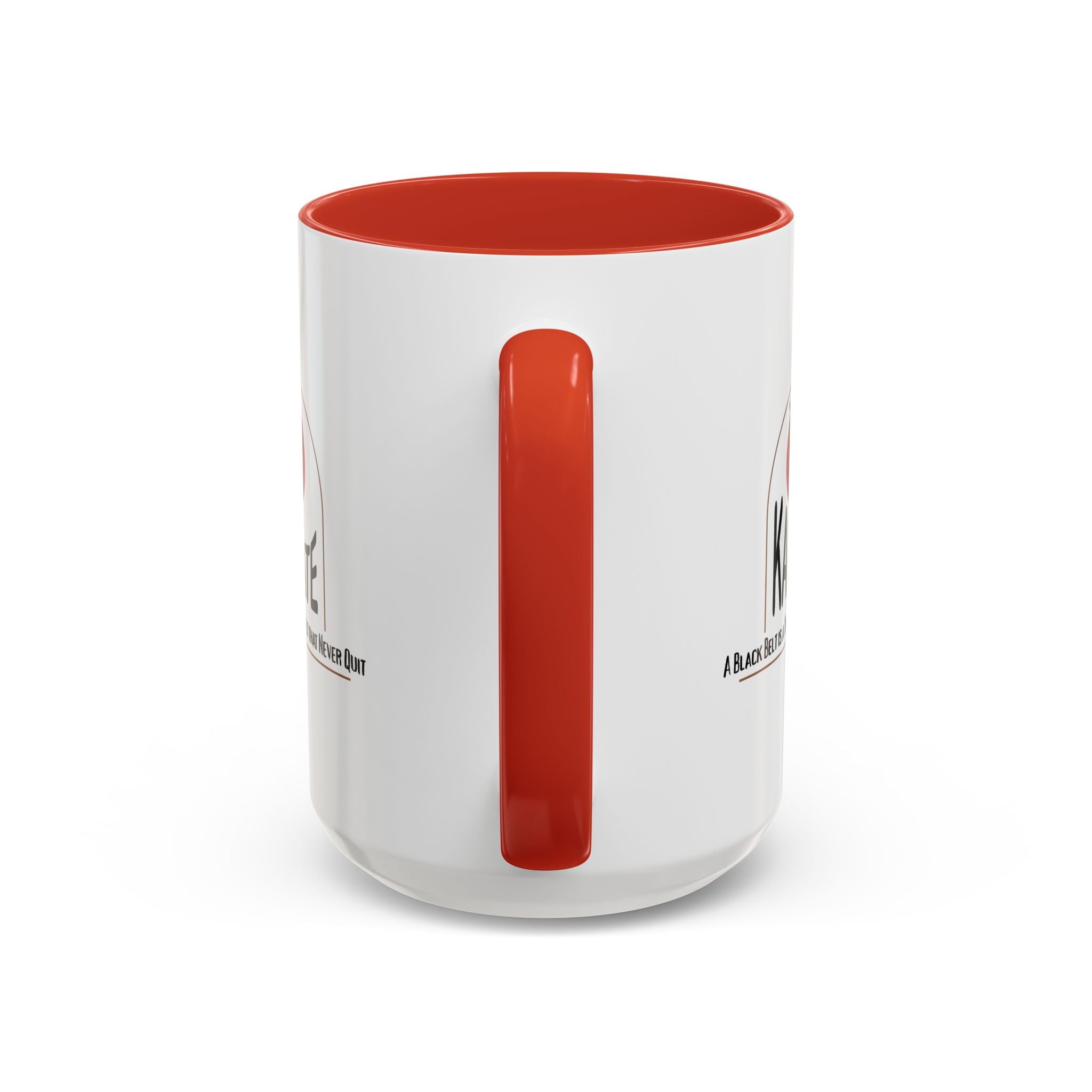 15oz white ceramic Karate mug with red handle and interior Handle view