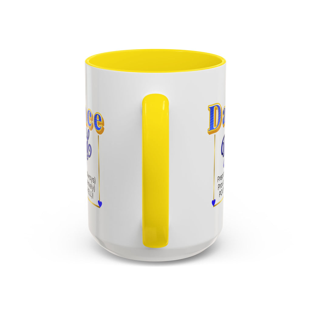 15oz white ceramic Dance Dad mug with yellow handle and interior Handle view