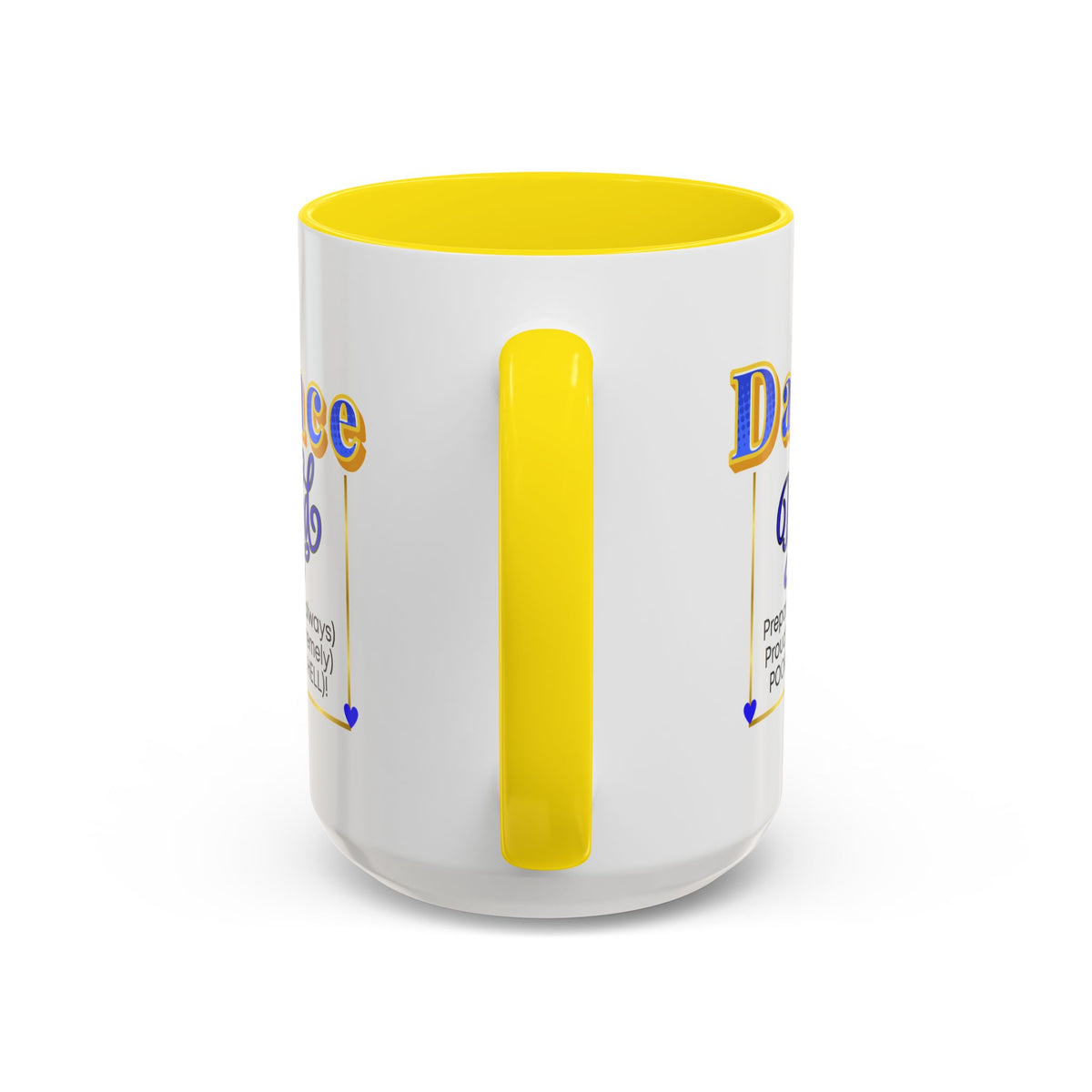 15oz white ceramic Dance Dad mug with yellow handle and interior Handle view
