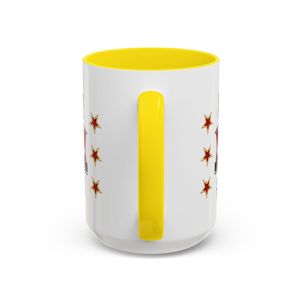 15oz white ceramic Theatre Showtime mug with yellow handle and interior Handle view