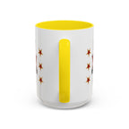 15oz white ceramic Theatre Showtime mug with yellow handle and interior Handle view