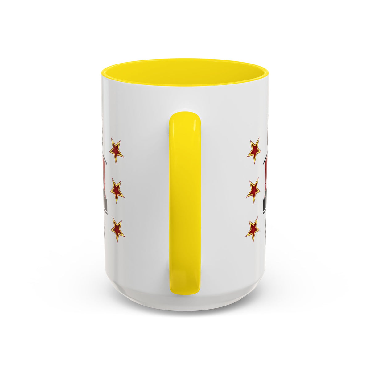15oz white ceramic Theatre Showtime mug with yellow handle and interior Handle view