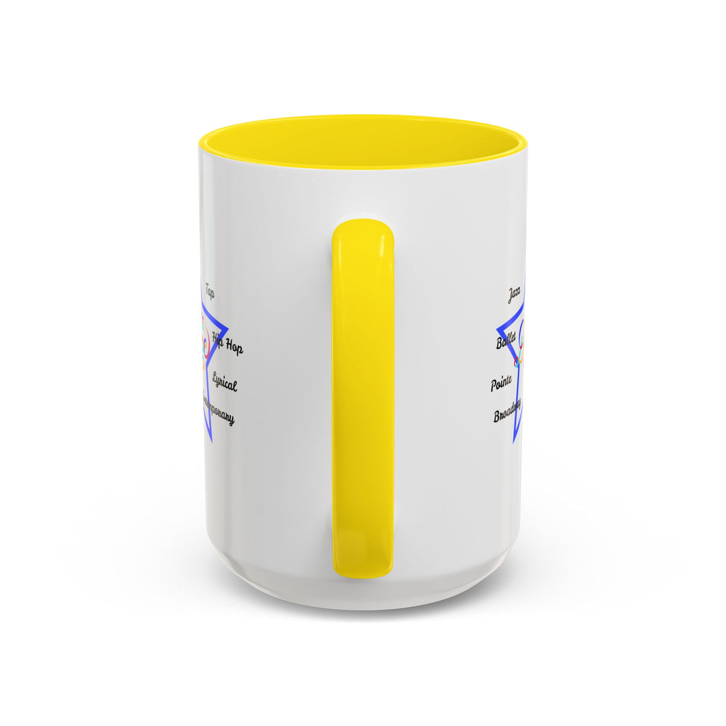 15oz white ceramic Let's Dance mug with yellow handle and interior Handle view