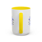 15oz white ceramic Let's Dance mug with yellow handle and interior Handle view