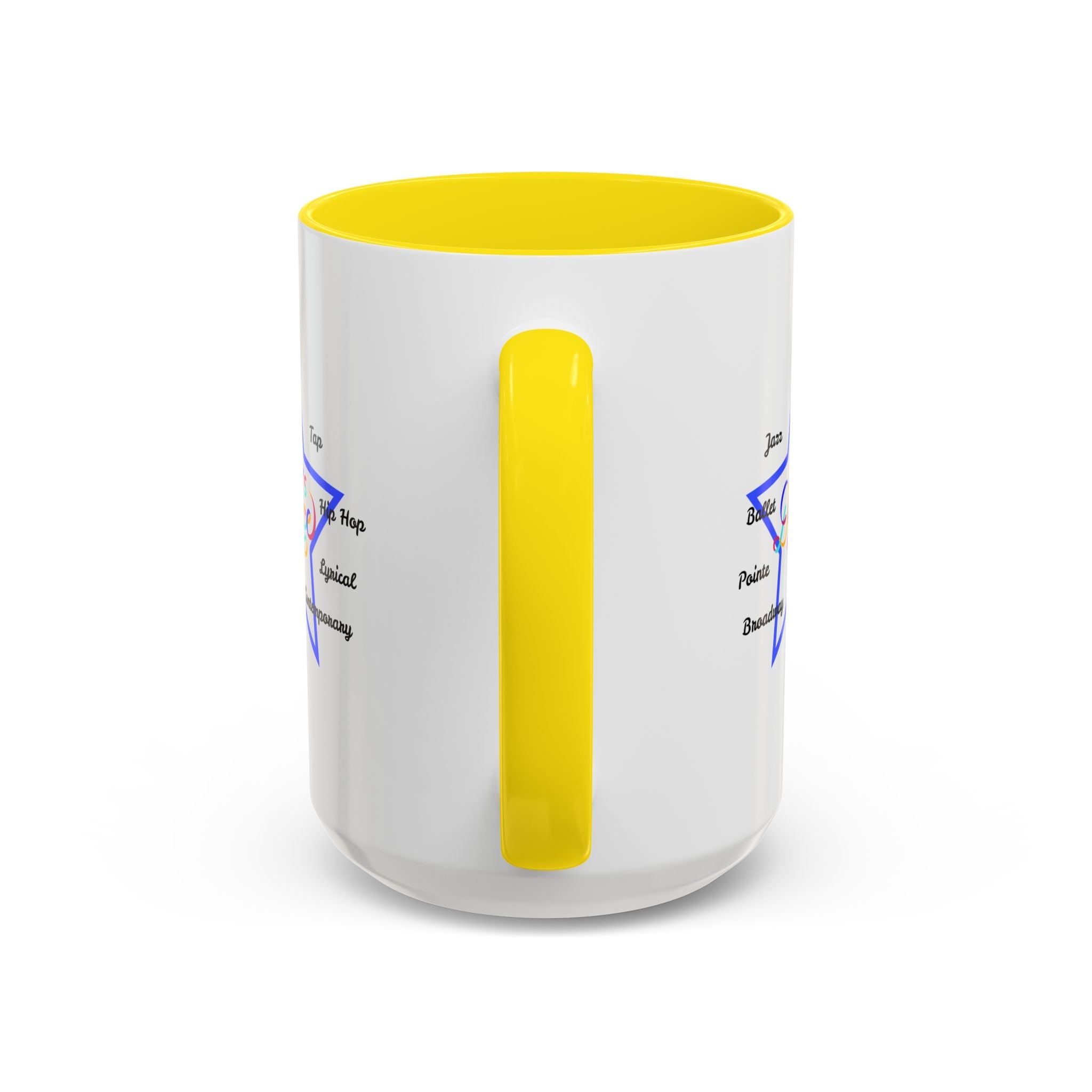 15oz white ceramic Let's Dance mug with yellow handle and interior Handle view