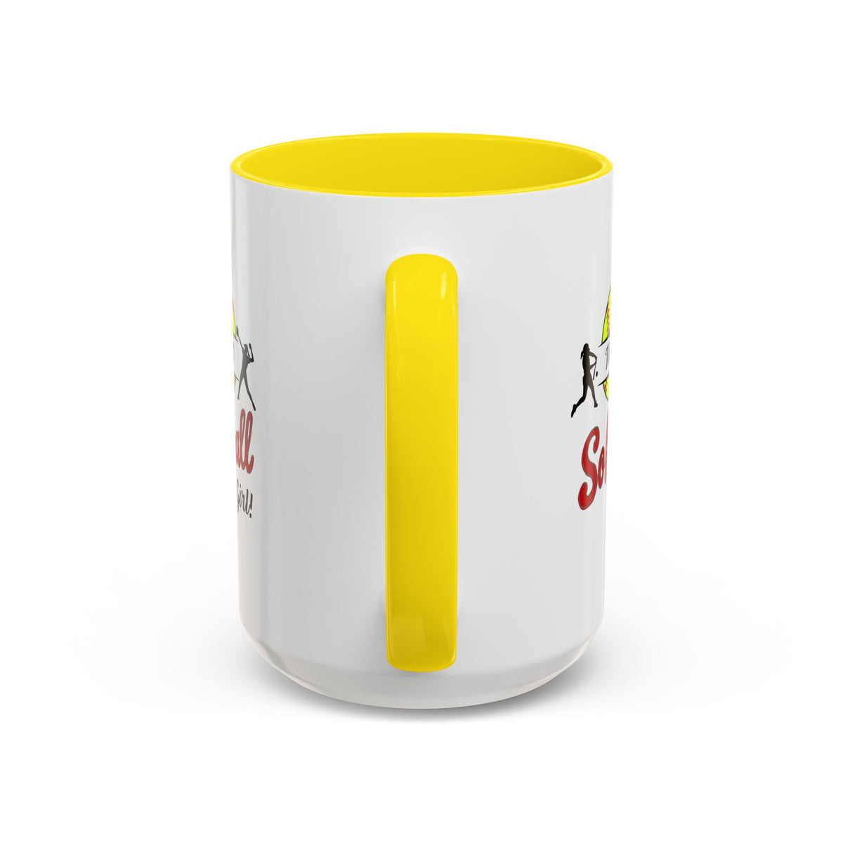 15oz white ceramic Softball mug with yellow handle and interior Handle view