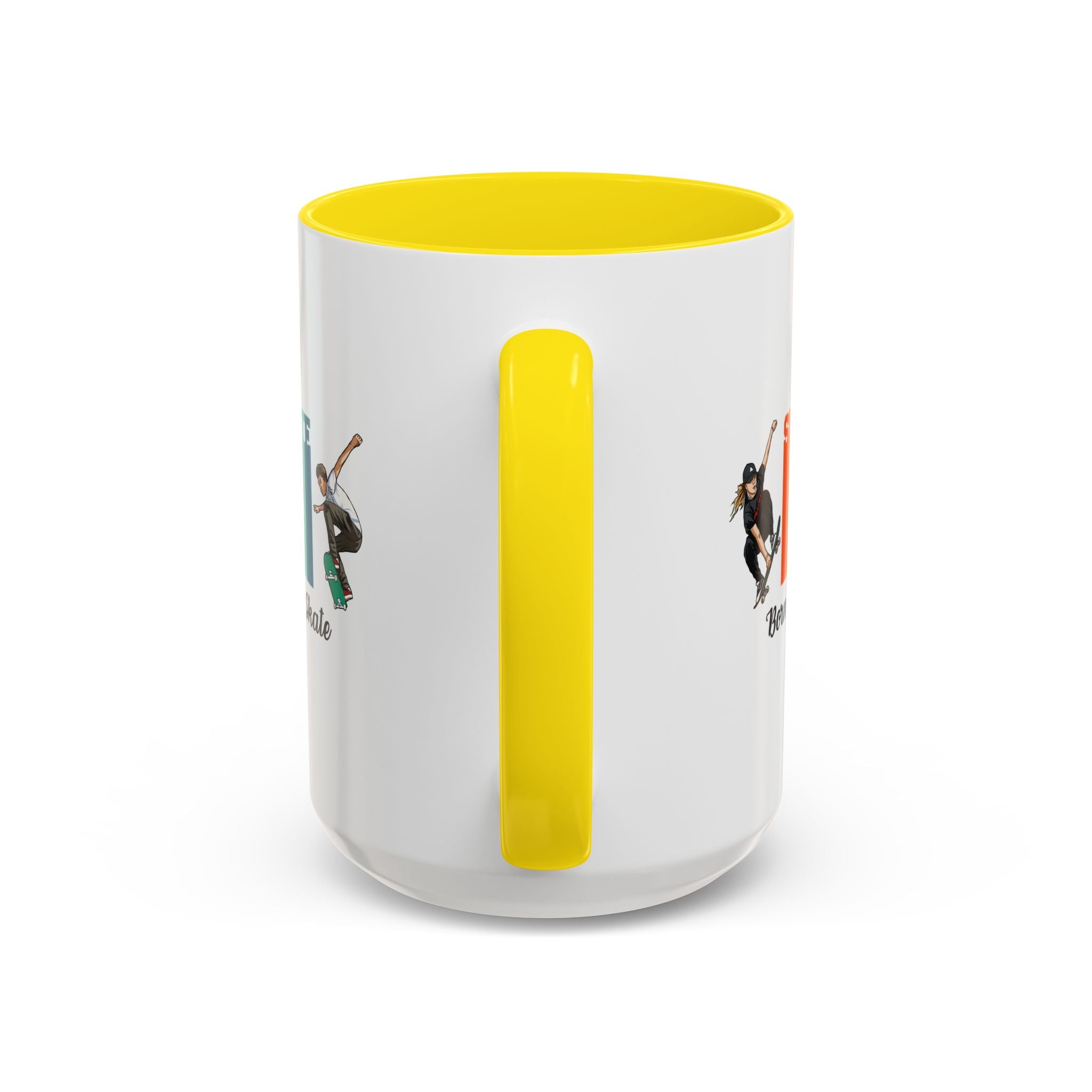 15oz white ceramic Born to Skate Skateboarding mug with yellow handle and interior Handle view