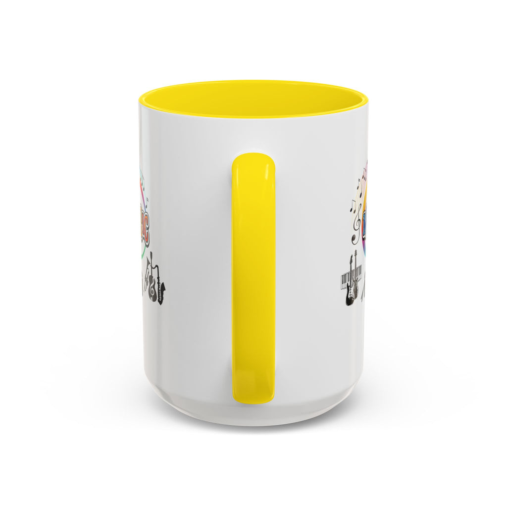 15oz white ceramic Music Instrument mug with yellow handle and interior Handle view