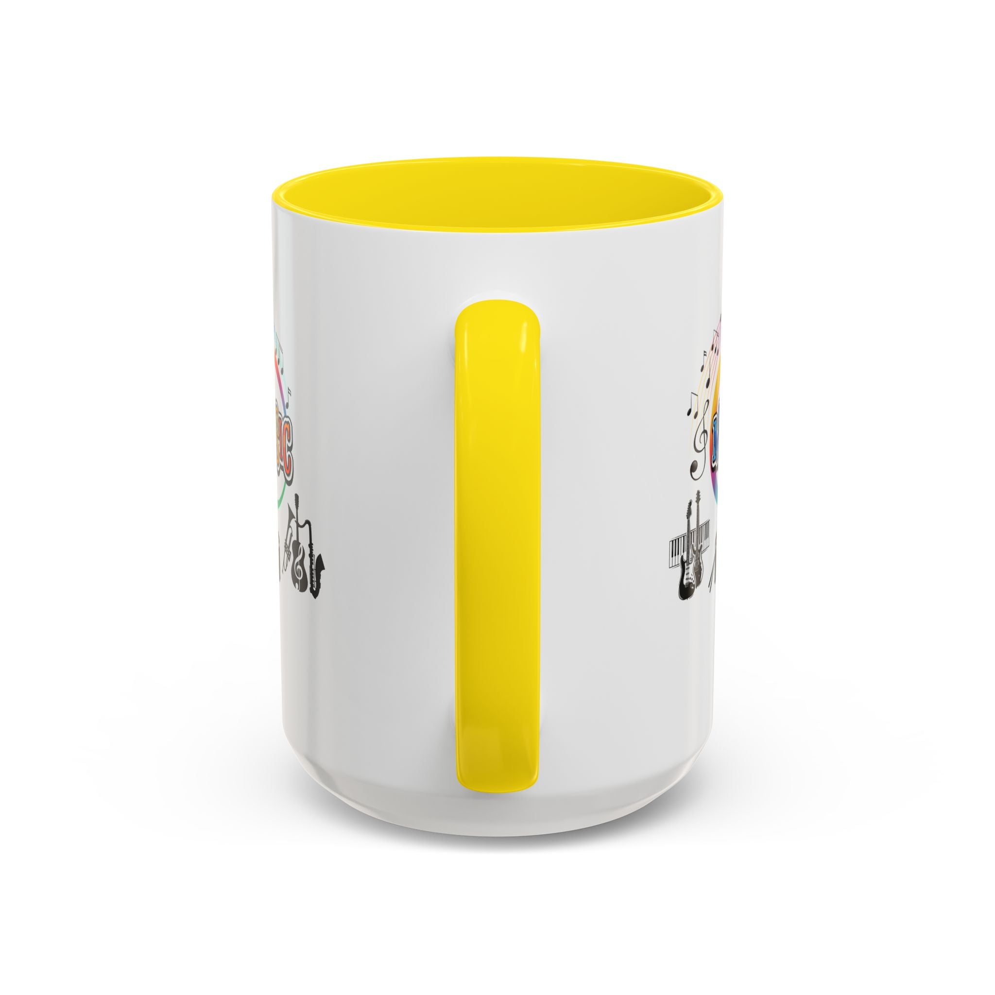 15oz white ceramic Music Instrument mug with yellow handle and interior Handle view