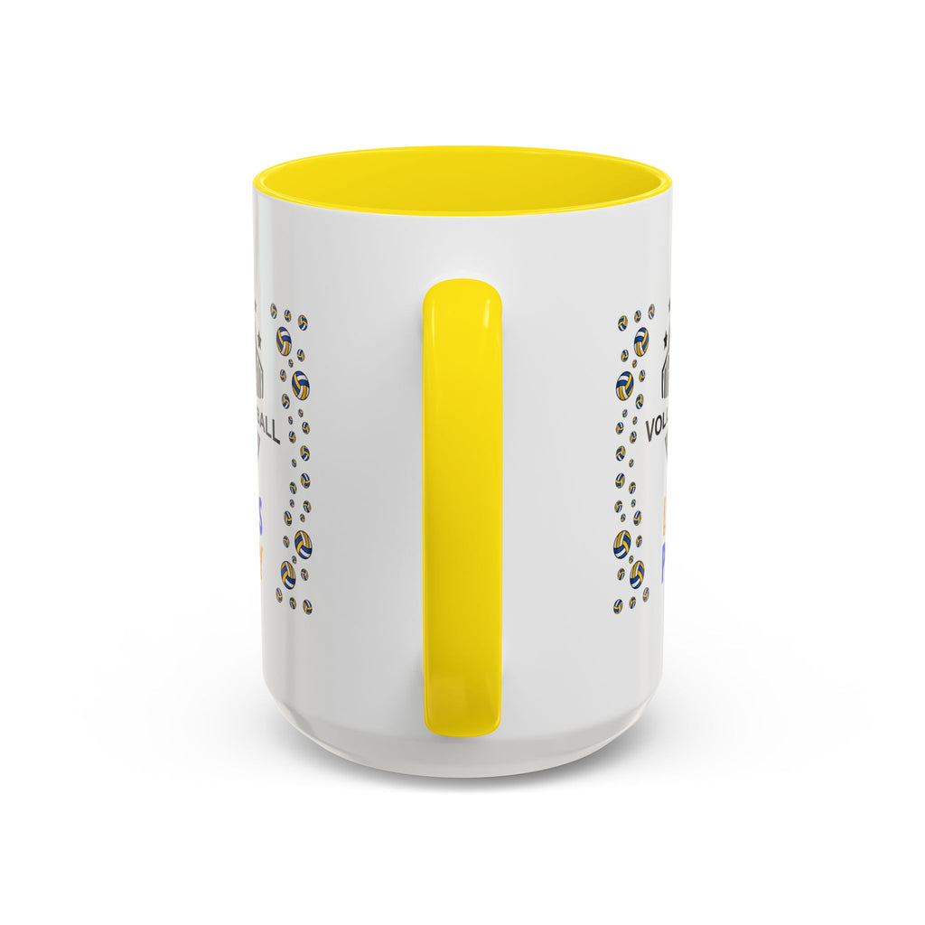 15oz white ceramic Volleyball mug with yellow handle and interior Handle view