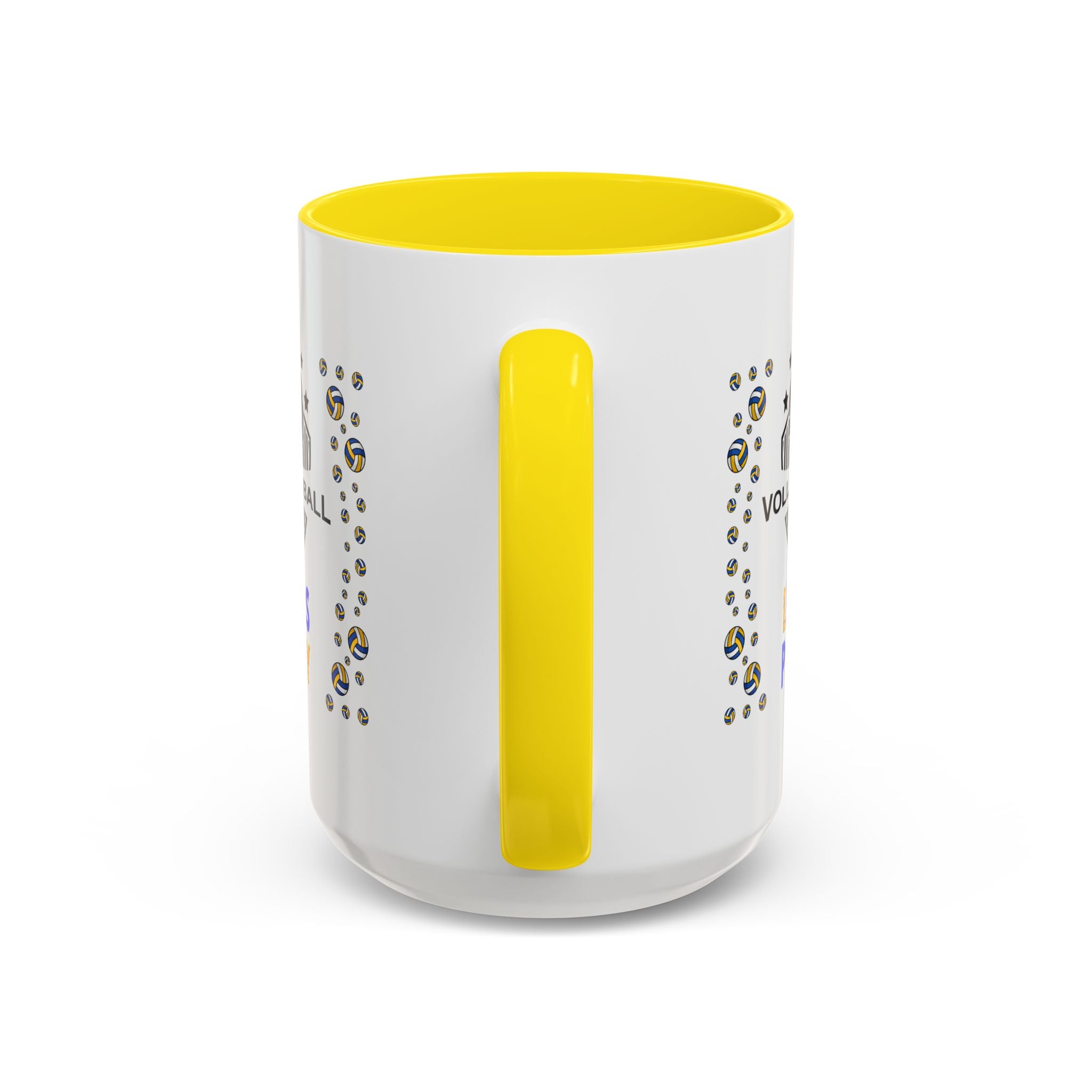 15oz white ceramic Volleyball mug with yellow handle and interior Handle view