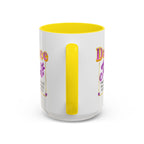 15oz white ceramic Dance Mom mug with yellow handle and interior Handle view