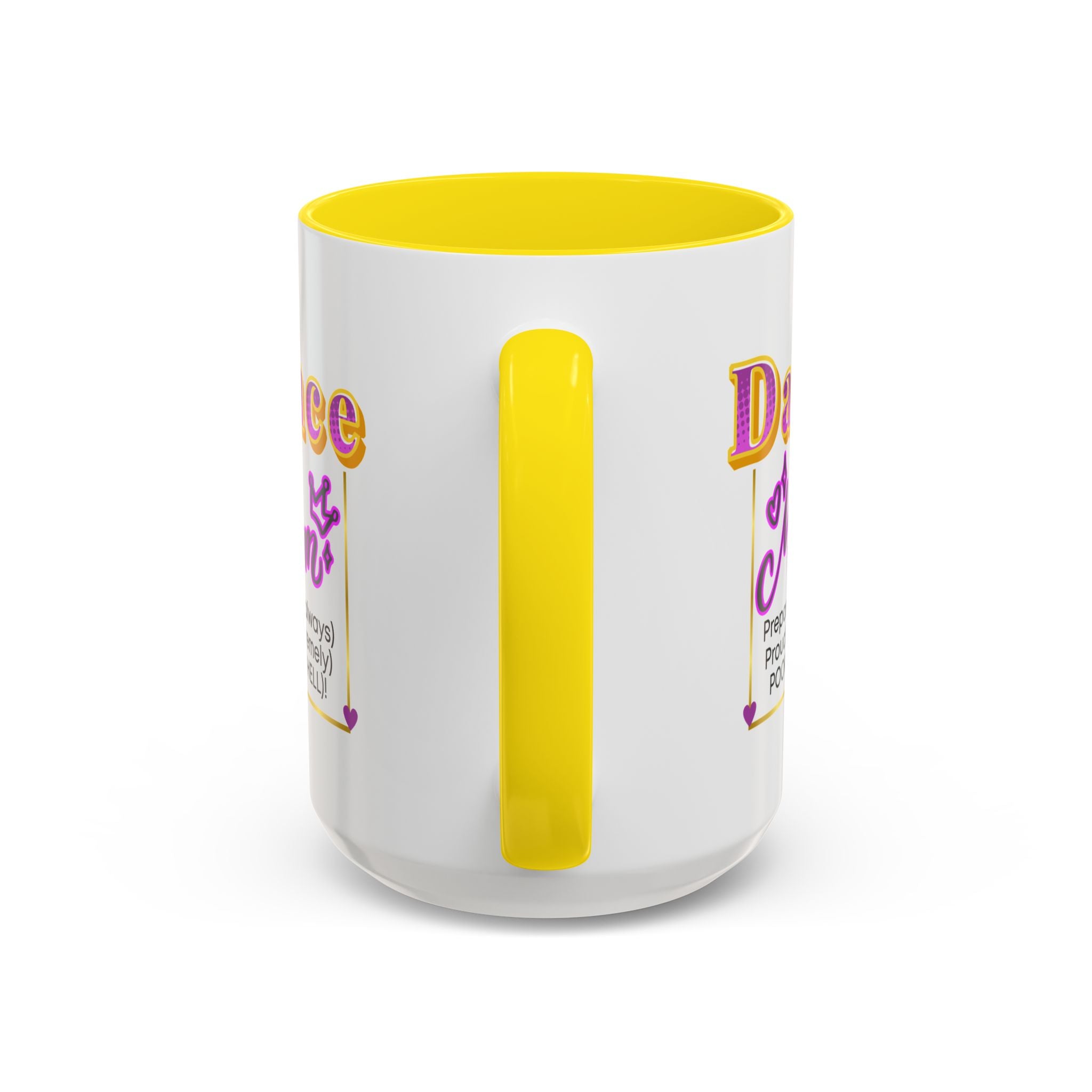 15oz white ceramic Dance Mom mug with yellow handle and interior Handle view
