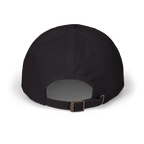 Back view of a black cap with an adjustable strap.
