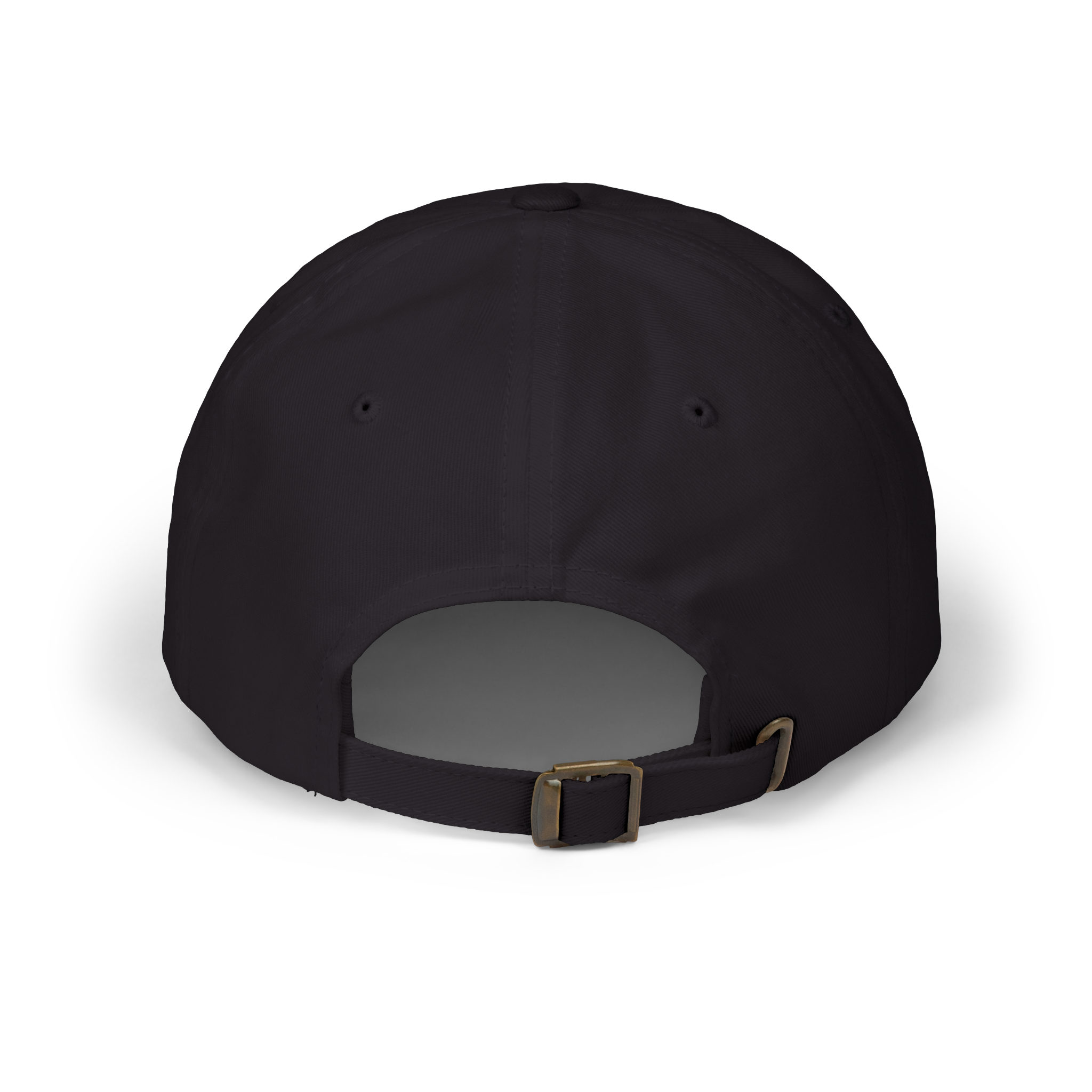 Back view of a black cap with an adjustable strap.
