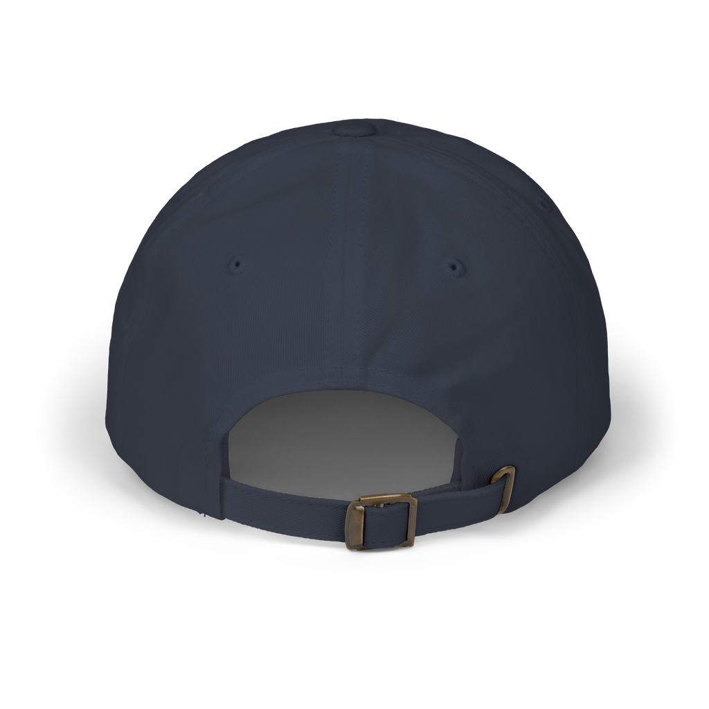 Back view of a navy cap with an adjustable strap.