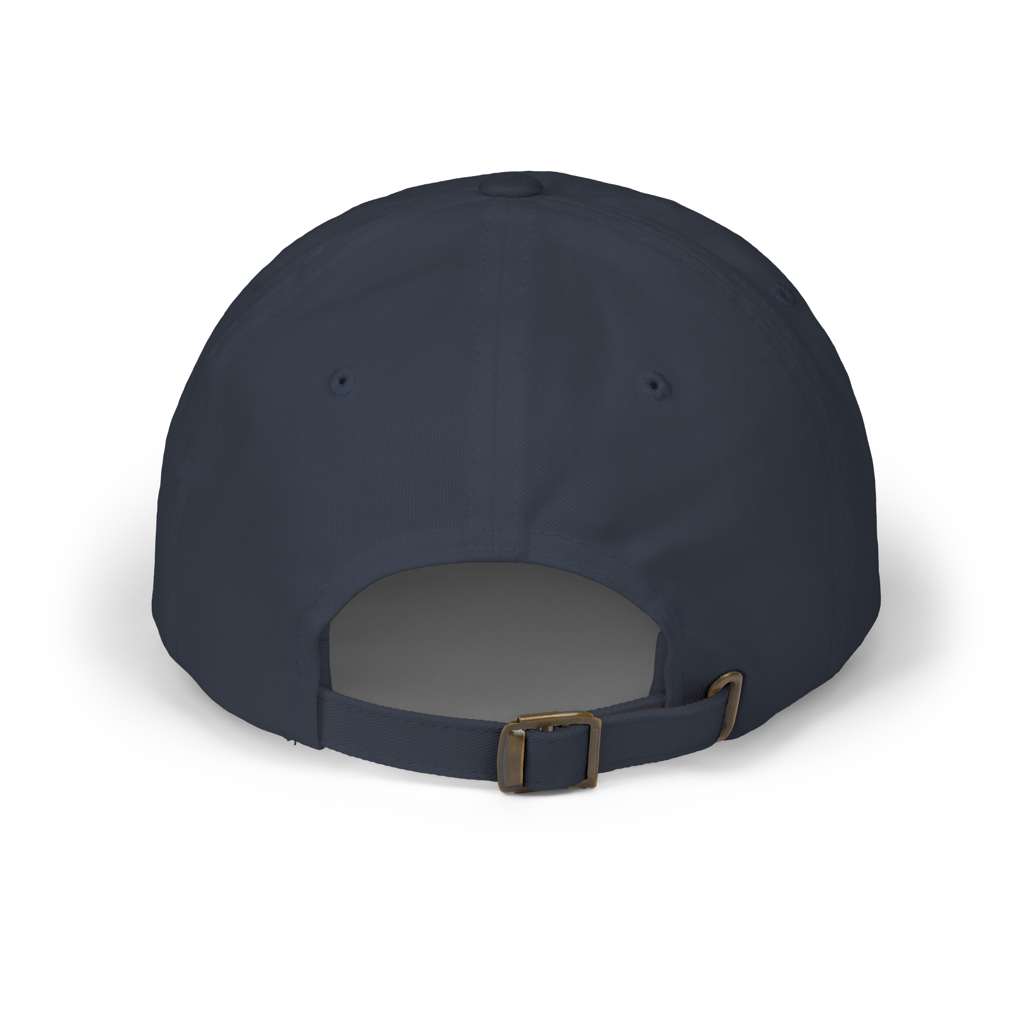 Back view of a navy cap with an adjustable strap.