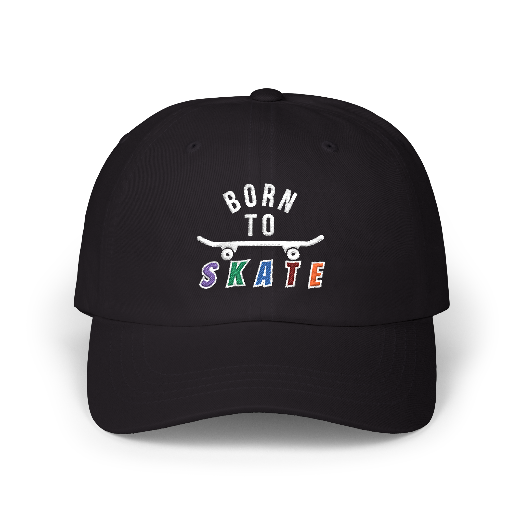 A black baseball cap featuring a graphic on the front that reads BORN TO SKATE with a skateboard illustration. 