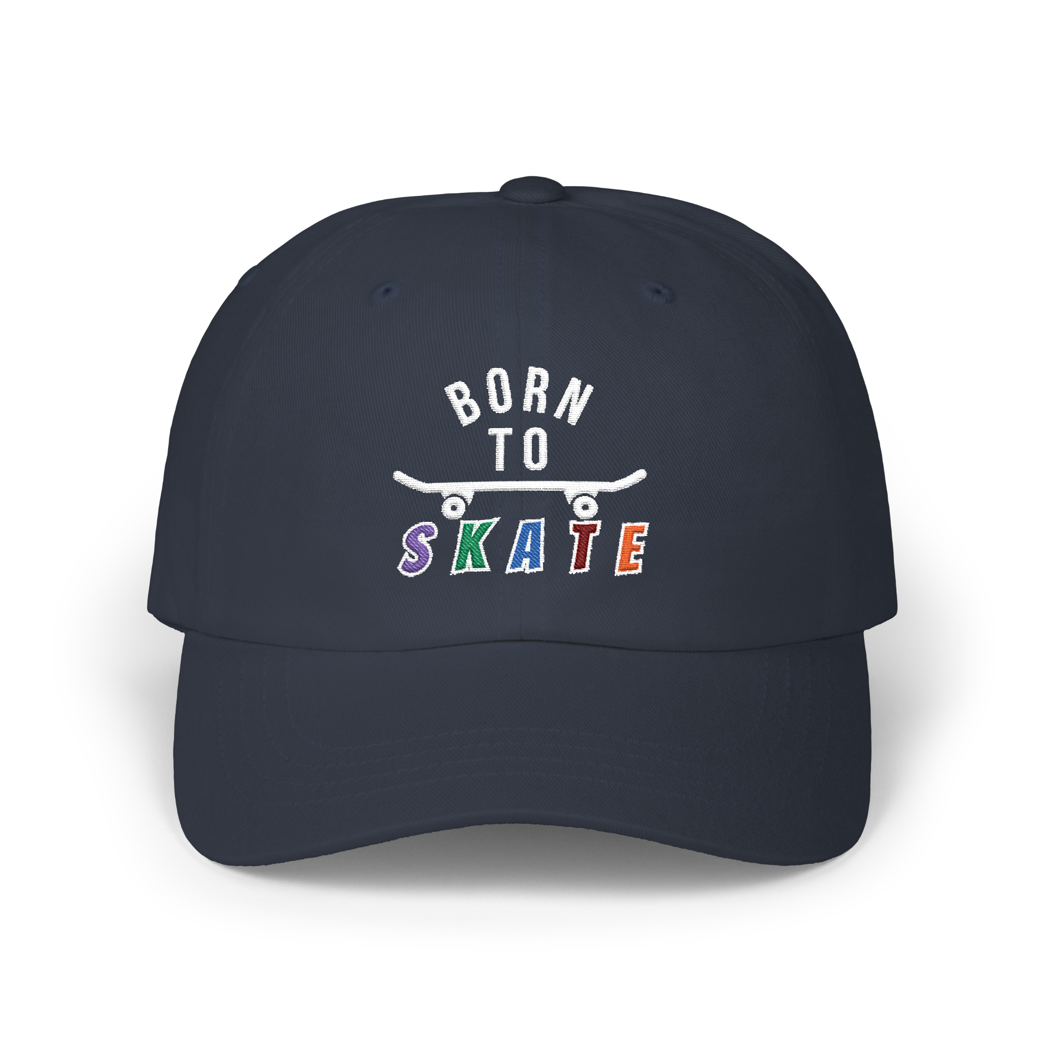 A navy baseball cap featuring a graphic on the front that reads BORN TO SKATE with a skateboard illustration. 