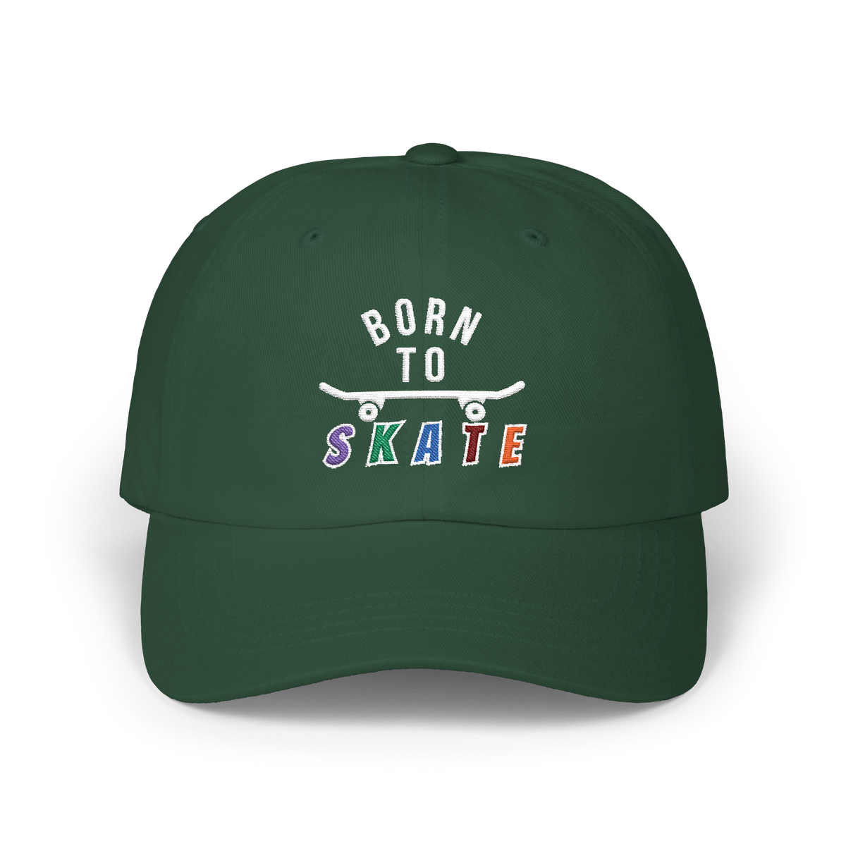 A spruce baseball cap featuring a graphic on the front that reads BORN TO SKATE with a skateboard illustration. 