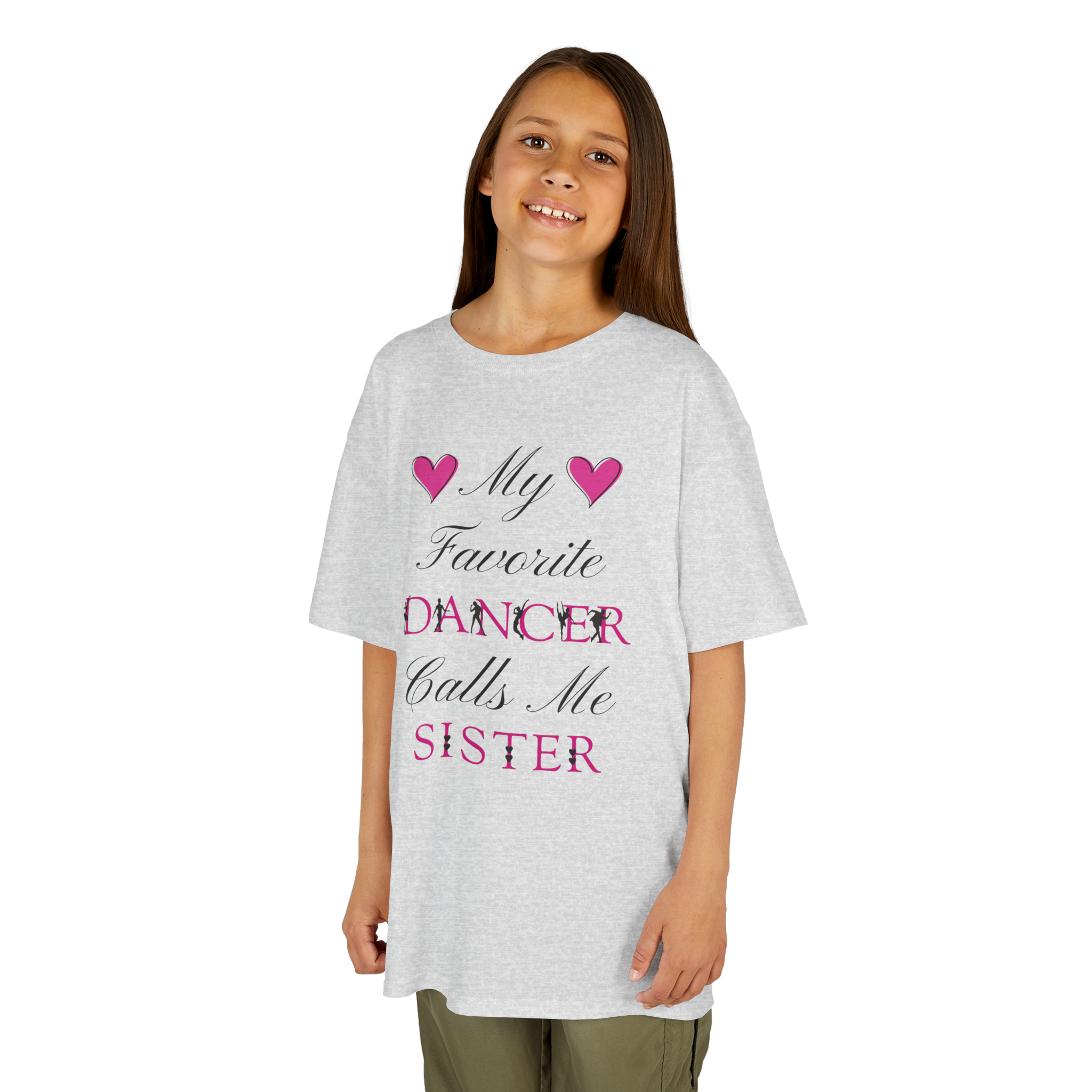 Young girl wearing an ash short-sleeve t-shirt with a graphic text print on the front that reads My Favorite Dancer Calls Me Sister.