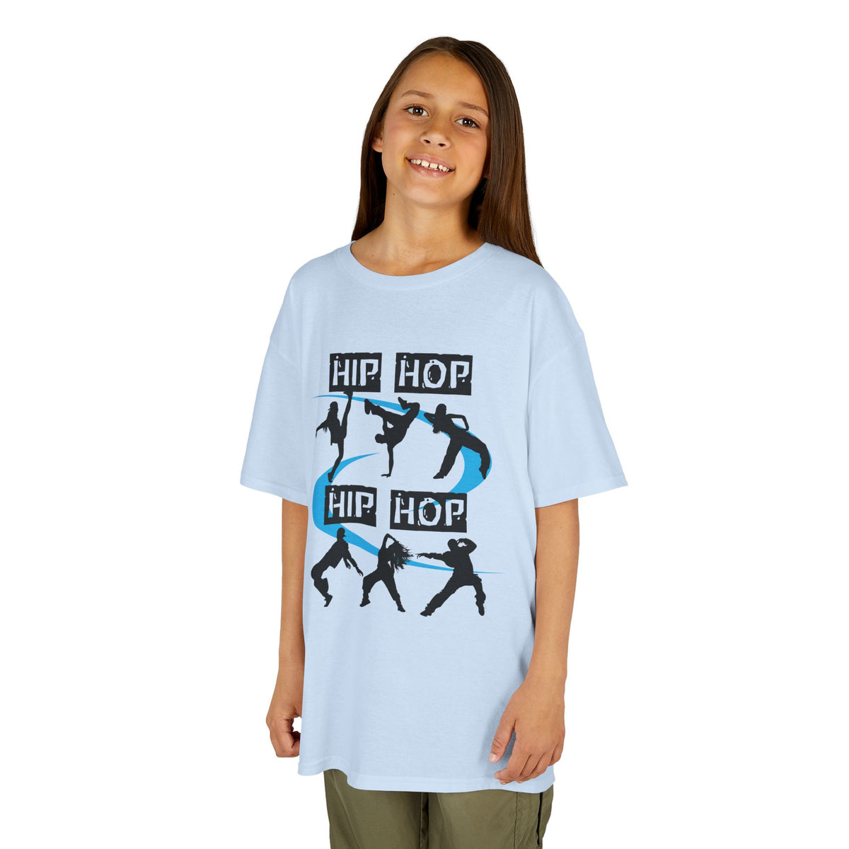 Young girl wearing a youth Gildan 5000B heavy cotton t-shirt in light blue with a Hip Hop text and dancers