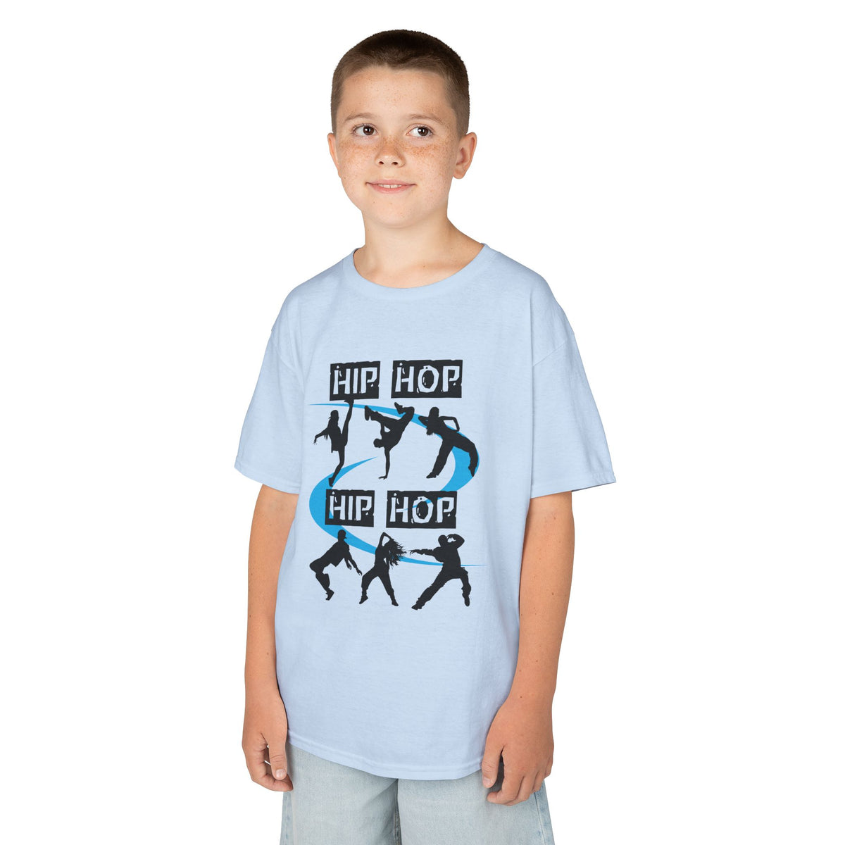 Young boy wearing a youth Gildan 5000B heavy cotton t-shirt in light blue with a Hip Hop text and dancers